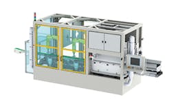 The Delta Bottle Picker DBP102 uses a vision system to locate bottles and a pair of robot arms to place the bottles onto an exit conveyor. /PMM The Delta Bottle Picker DBP102 uses a vision system to locate bottles and a pair of robot arms to place the bottles onto an exit conveyor. /PMM