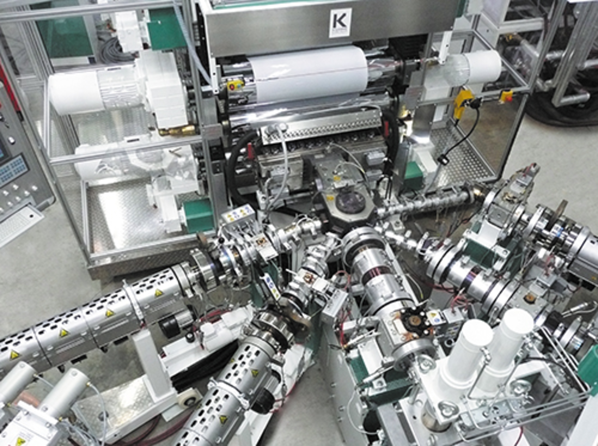 The Kuhne Smart Sheets extrusion line uses five extruders to produce seven-layer PP-based barrier sheet./ Kuhne USA/Canada