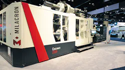 Milacron’s large-tonnage two-platen Cincinnati line targets the automotive and appliance markets. This Cincinnati 2250 model was displayed at NPE2018./PMM