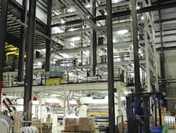 Two Varex II five-layer blown films lines with 100-foot towers are side by side in the Pregis Films plant. One was installed in 2016 and the second earlier this year. Two more are on order./PMM