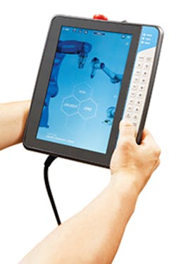 Yaskawa's Smart Pendant features an easy-to-use touch screen for programming. /Yaskawa America Inc. Motoman Robotics Division Yaskawa's Smart Pendant features an easy-to-use touch screen for programming. /Yaskawa America Inc. Motoman Robotics Division