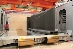 A VLP part rides on Teflon-coated stainless-steel belts./Thermwood Corp.