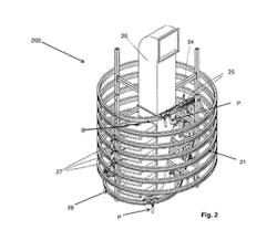 Sipa's invention allows preforms to move along a helical tunnel. A manifold receives cooling air from external systems and conveys it into the helical tunnel to cool the preforms./U.S. Patent and Trademark Office Sipa's invention allows preforms to move along a helical tunnel. A manifold receives cooling air from external systems and conveys it into the helical tunnel to cool the preforms./U.S. Patent and Trademark Office