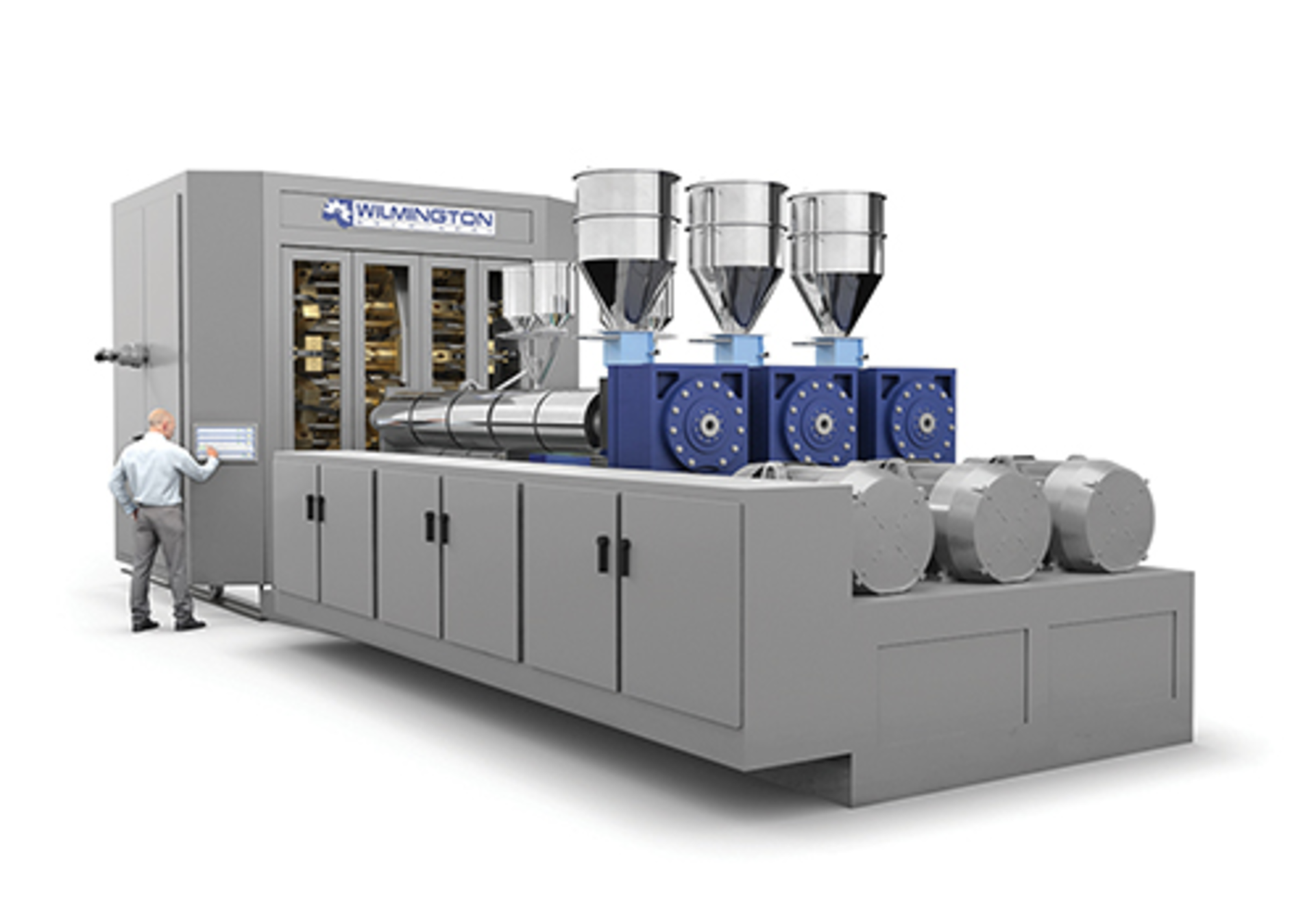 The Series III B rotary blow molding machine from Wilmington streamlines turnaround times./Wilmington Machinery Inc.