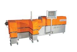 Leistritz’s ZSE 40 iMAXX twin-screw extruder made its debut decked out in a fleXXcover. The glass- fiber, heat-resistant fabric makes working around the extruder safer and saves energy. Leistritz’s ZSE 40 iMAXX twin-screw extruder made its debut decked out in a fleXXcover. The glass- fiber, heat-resistant fabric makes working around the extruder safer and saves energy.