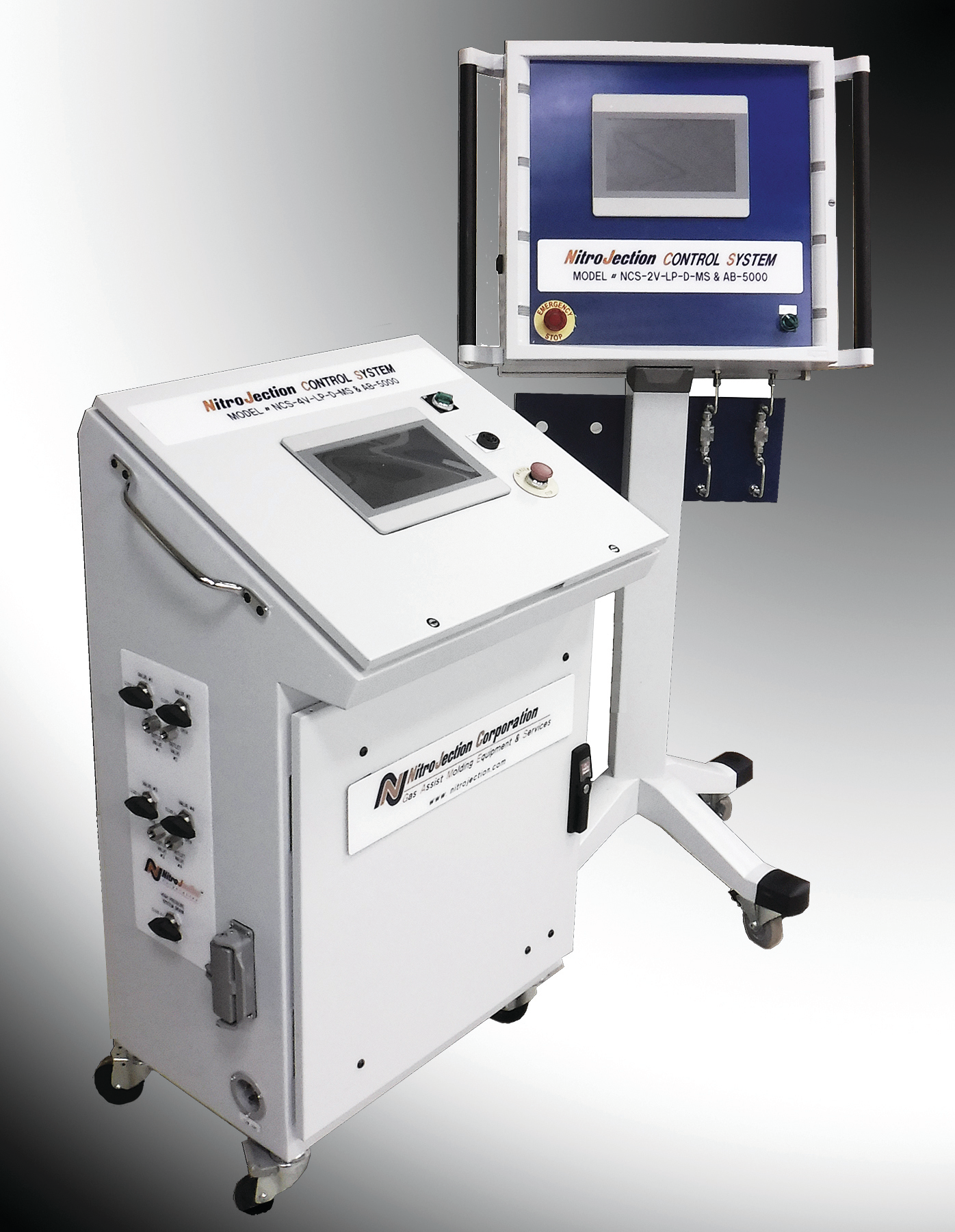 NitroJection&rsquo;s new NitroJection Control System comes in two versions, one with a console cabinet and the other with a pedestal base (right).