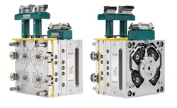 Ewikon’s Coolshot LSR cold-runner system, shown here mounted in a cold half, includes electric stepper motors, encoders and coil heaters. Ewikon’s Coolshot LSR cold-runner system, shown here mounted in a cold half, includes electric stepper motors, encoders and coil heaters.