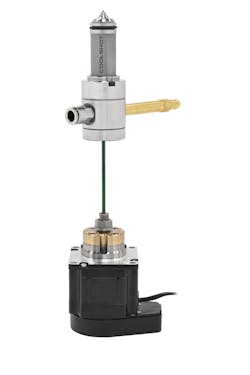 The Coolshot nozzle mounts to an electric drive for precise pin control during molding. The Coolshot nozzle mounts to an electric drive for precise pin control during molding.