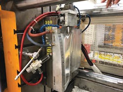 With vortex tubes mounted outside a mold, a compressed air line can blast cold air at specific portions of the mold to cool down large core sections when the mold is open. With vortex tubes mounted outside a mold, a compressed air line can blast cold air at specific portions of the mold to cool down large core sections when the mold is open.