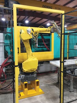 Noble Plastics has 18 robots at its facility. The firm can incorporate multiple robots on a cell. Noble Plastics has 18 robots at its facility. The firm can incorporate multiple robots on a cell.