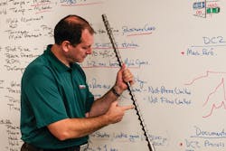 Daniel Stephens, a Routsis master trainer, discusses flight pitch on an injection screw. Daniel Stephens, a Routsis master trainer, discusses flight pitch on an injection screw.