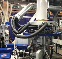 The Evolution five-layer blown film line produces form-fill-seal film. The Evolution five-layer blown film line produces form-fill-seal film.