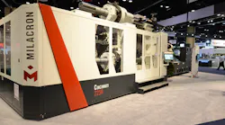 Milacron, a maker of injection presses, extruders and auxiliary systems, as well as molds, has been sold to Hillenbrand, the owner of Coperion. One of Milacron's presses is displayed at its NPE2018 booth.