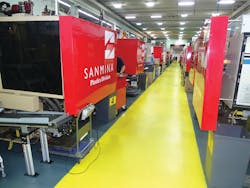 Sanmina’s plastics manufacturing facility boasts 73 injection presses with clamping forces ranging from 28 tons to 1,000 tons. Sanmina’s plastics manufacturing facility boasts 73 injection presses with clamping forces ranging from 28 tons to 1,000 tons.