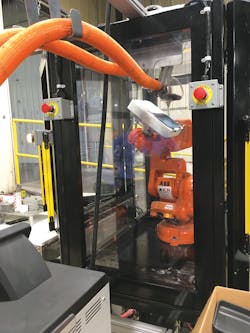 This assembly line includes an ABB six-axis articulating-arm robot with end-of-arm tooling built in-house. This assembly line includes an ABB six-axis articulating-arm robot with end-of-arm tooling built in-house.