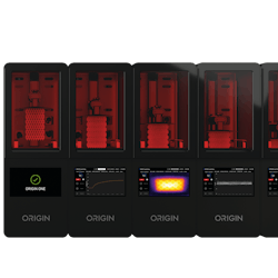 The flexibility of the Origin One 3-D printing system allows one operator to manage dozens of printers. The flexibility of the Origin One 3-D printing system allows one operator to manage dozens of printers.