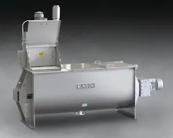 The HD-3.5-9-SS ribbon blender from Munson integrates a bag dump station. The HD-3.5-9-SS ribbon blender from Munson integrates a bag dump station.