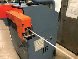 Versa Machinery modified its Adaptive Cutting Technology puller/cutter, above, so that it could handle 300 feet of tubing per minute for Hudson Extrusions. Versa Machinery modified its Adaptive Cutting Technology puller/cutter, above, so that it could handle 300 feet of tubing per minute for Hudson Extrusions.