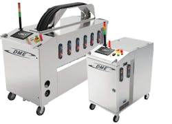 From left, the six- and two-channel CoolingCare systems from DME test cooling channels for leaks and blockages, and can dissolve and remove mineral buildup in the channels. From left, the six- and two-channel CoolingCare systems from DME test cooling channels for leaks and blockages, and can dissolve and remove mineral buildup in the channels.