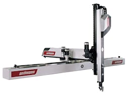 Equipped with a telescoping Y-axis, Wittmann Battenfeld's Primus-48T is built for medium-sized presses, with clamping forces up to 1,323 tons. Equipped with a telescoping Y-axis, Wittmann Battenfeld's Primus-48T is built for medium-sized presses, with clamping forces up to 1,323 tons.