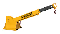 Harrington Hoists' fork truck boom can extend to 12 feet. Harrington Hoists' fork truck boom can extend to 12 feet.