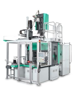 Arburg's Allrounder 1600 T vertical injection molding machine has a clamping force of 225 tons. Arburg's Allrounder 1600 T vertical injection molding machine has a clamping force of 225 tons.