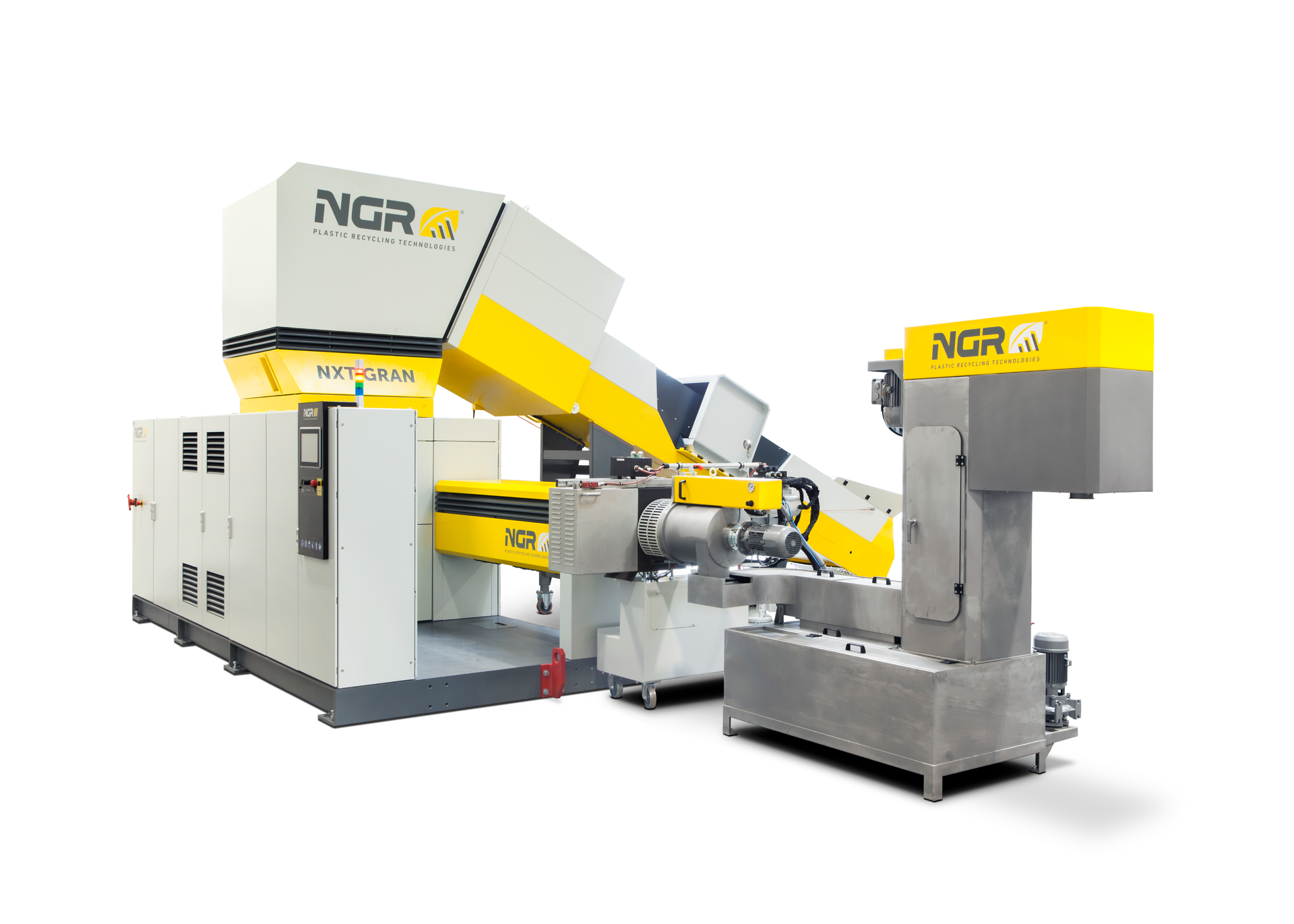 The NXT:Gran shredder-feeder-extruder can process a wide range of post-industrial plastic, including LDPE film, blow molded HDPE parts, PP film, PEEK pipe and start-up lumps.