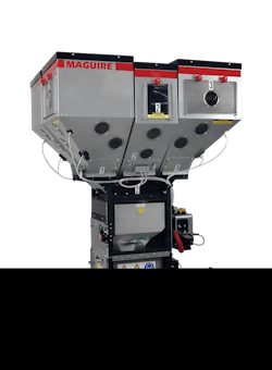 Maguire’s new WSB-1200 series of weigh-scale blenders can be used to reprocess regrind. Maguire’s new WSB-1200 series of weigh-scale blenders can be used to reprocess regrind.