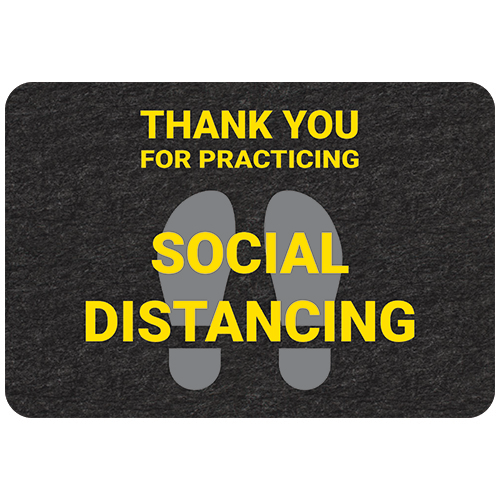 Floor signs, markers and mats encourage social distancing.