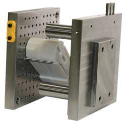 Each Quick-Change Prototype Adapter System includes a jig plate, 3-D printed cavities and cores, ear plate, locating pins, support pillars and mold straps. Each Quick-Change Prototype Adapter System includes a jig plate, 3-D printed cavities and cores, ear plate, locating pins, support pillars and mold straps.
