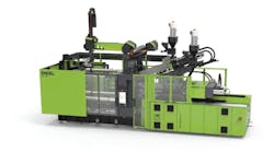 Engel's skinmelt uses a second injection unit to create parts with a core of recycled resin sandwiched inside an exterior of virgin material. Engel's skinmelt uses a second injection unit to create parts with a core of recycled resin sandwiched inside an exterior of virgin material.