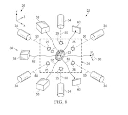 Boeing's design has acoustic radiators, acoustic reflectors and print heads surrounding a levitating part. Boeing's design has acoustic radiators, acoustic reflectors and print heads surrounding a levitating part.