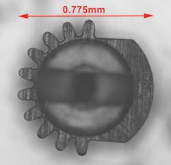 Makuta makes this 0.775mm-wide POM gear. With just 85 microns between its teeth, it controls the blade used in a cataract surgical device. Makuta makes this 0.775mm-wide POM gear. With just 85 microns between its teeth, it controls the blade used in a cataract surgical device.