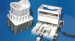 A 20-kilohertz composite horn from Rinco Ultrasonics, equipped with a pneumatic slide fixture, ultrasonically welded a lens to a housing.