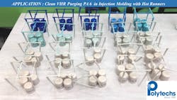 Polytechs' Clean VHR works with hot runners and can handle temperatures of up to 608 degrees Fahrenheit. Polytechs' Clean VHR works with hot runners and can handle temperatures of up to 608 degrees Fahrenheit.