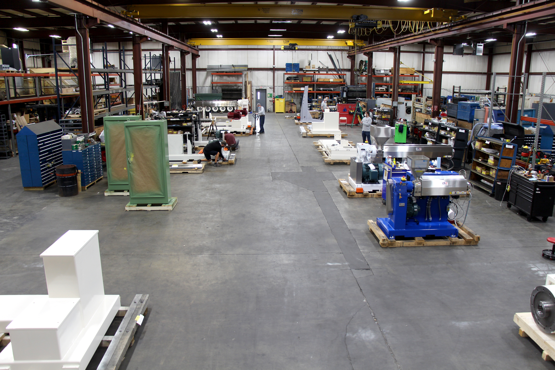 US Extruders Inc. has nearly doubled its manufacturing space, and the expansion includes overhead cranes to make extruder assembly easier and more efficient.