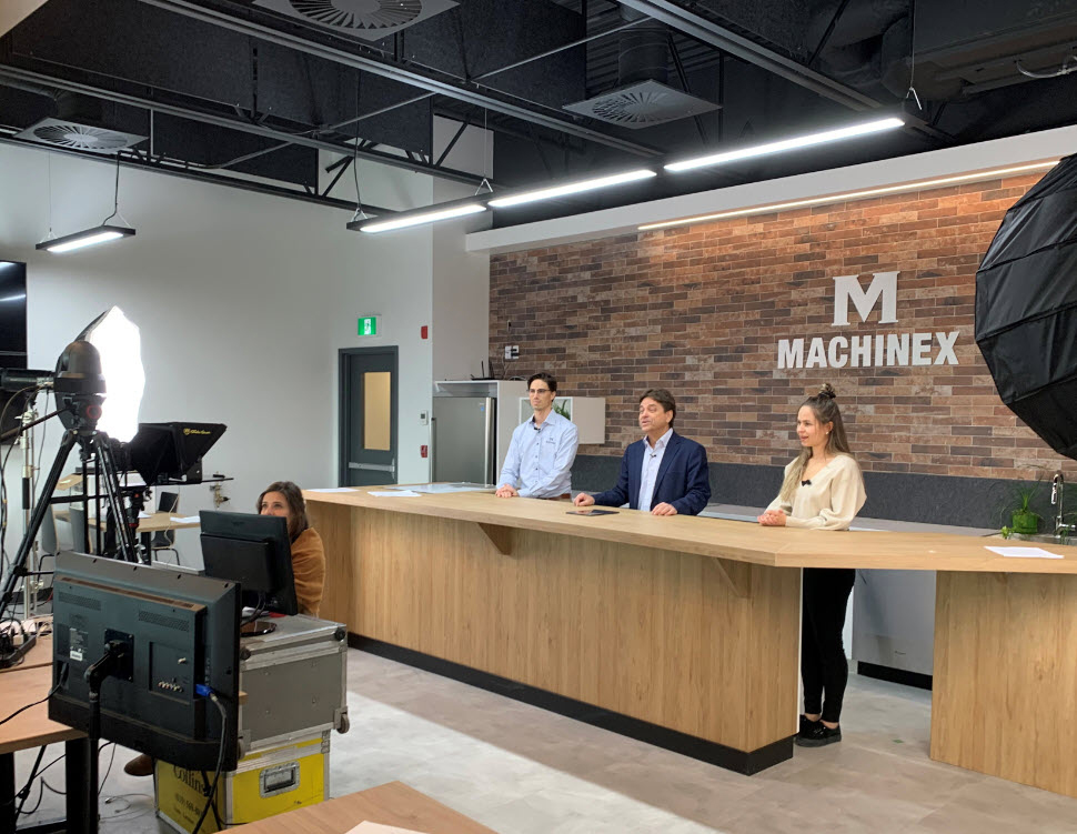 Pierre Par&eacute;, CEO of Machinex, center, is flanked by his children, Jean-Michel, left, and Anne-Marie Par&eacute;. Both recently joined the company, and they served as the masters of ceremony for the company's virtual open house.