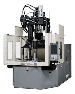 Nissei's 220-ton TWX220R is one of two new hybrid vertical presses that is especially compact, thanks to a new clamping mechanism. Nissei's 220-ton TWX220R is one of two new hybrid vertical presses that is especially compact, thanks to a new clamping mechanism.