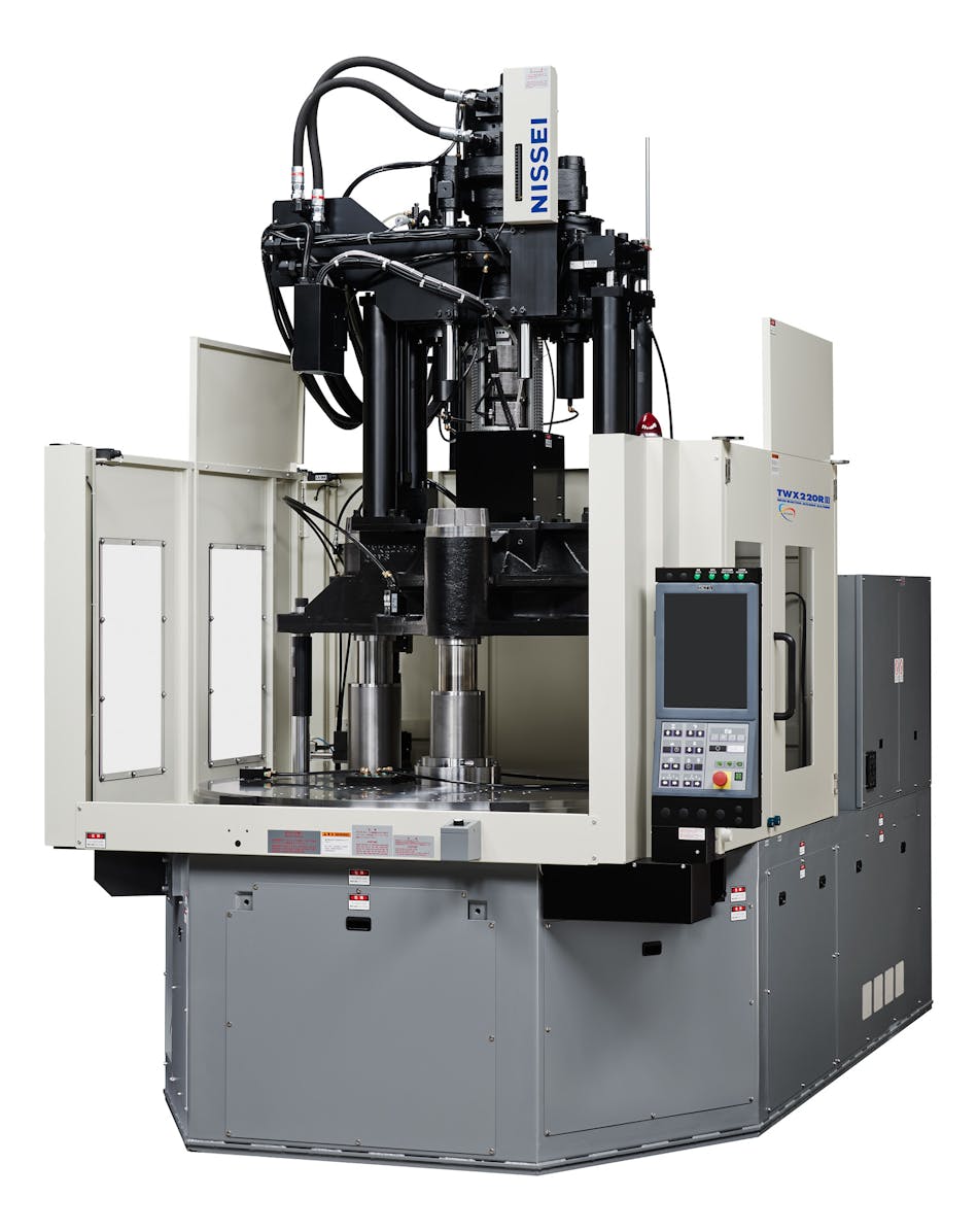 Nissei&apos;s 220-ton TWX220R is one of two new hybrid vertical presses that is especially compact, thanks to a new clamping mechanism.