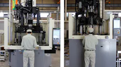 A worker, left, demonstrates the height advantages of Nissei's new 220-ton and 300-ton hybrid vertical injection molding machines.