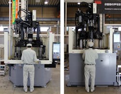 A worker, left, demonstrates the height advantages of Nissei's new 220-ton and 300-ton hybrid vertical injection molding machines. A worker, left, demonstrates the height advantages of Nissei's new 220-ton and 300-ton hybrid vertical injection molding machines.