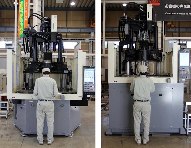 A worker, left, demonstrates the height advantages of Nissei&apos;s new 220-ton and 300-ton hybrid vertical injection molding machines.