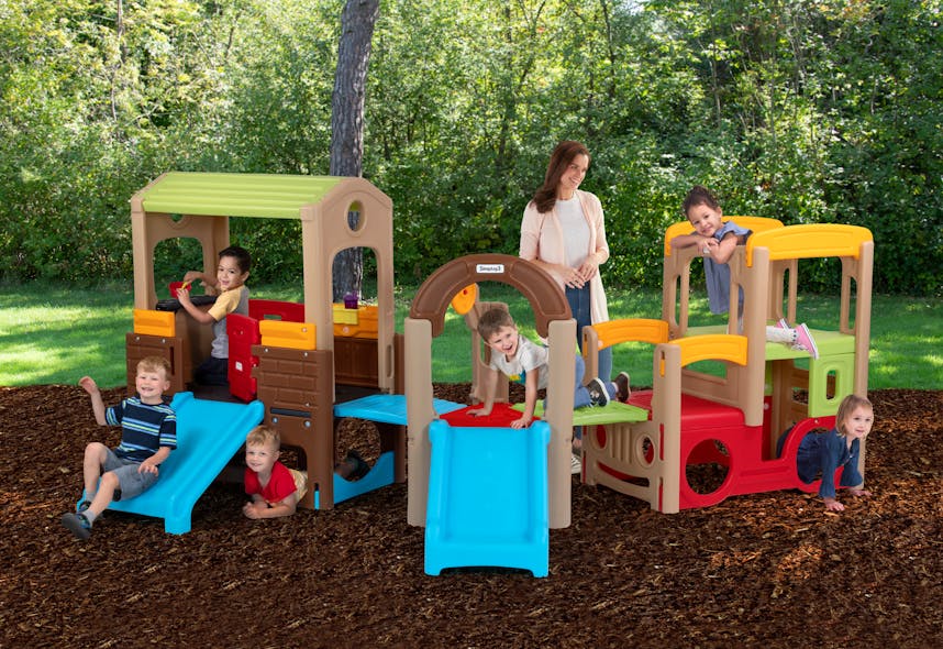 Playsets in Simplay3&apos;s Young Explorers Modular Play System can be attached in a variety of combinations. From left, they are the Young Explorers Discovery Playhouse, the Young Explorers Activity Climber and the Young Explorers Adventure Climber.