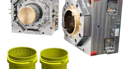 To release the TRIM pails after molding, StackTeck has incorporated collets at the 12, 3, 6 and 9 o’clock positions on the mold along the rim of the pail.