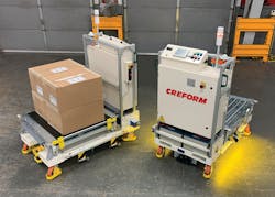 Creform's latest automated guided vehicle has a conveyor deck and can transfer loads between production-floor conveyors. Creform's latest automated guided vehicle has a conveyor deck and can transfer loads between production-floor conveyors.