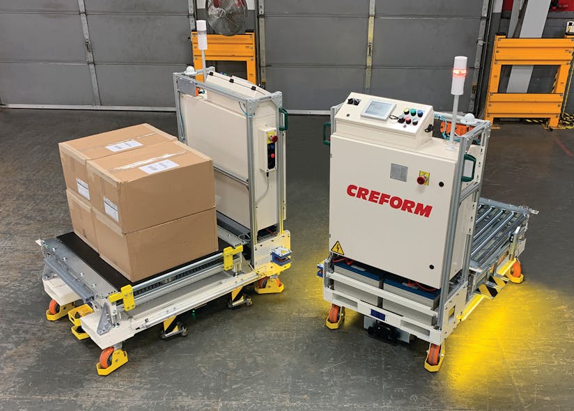 Creform&apos;s latest automated guided vehicle has a conveyor deck and can transfer loads between production-floor conveyors.