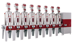 Wittmann Battenfeld's E300 dryer with Silmax hoppers has the FC Plus option. Wittmann Battenfeld's E300 dryer with Silmax hoppers has the FC Plus option.