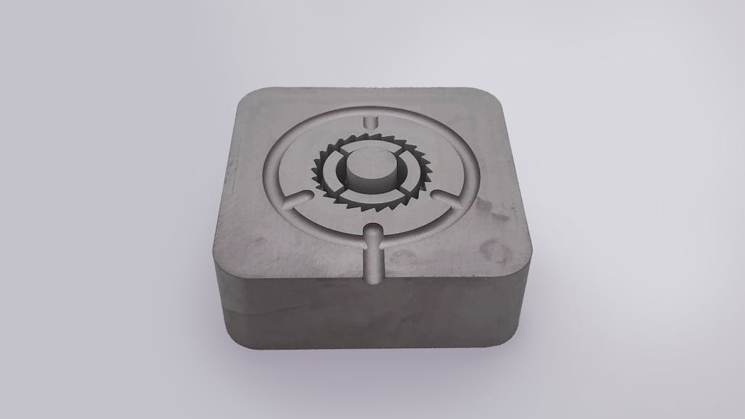 Mantle&apos;s TrueShape additive-manufacturing process can produce mold components, such as this mold insert for a medical device, much more quickly than conventional processes.