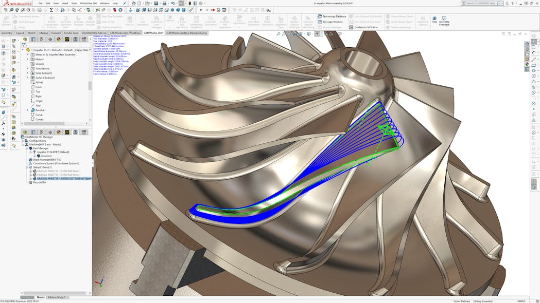 The new CAMWorks 2021 software shows a five-axis spiral swarf milling operation on an impeller.