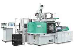 Arburg recently showcased its Allrounder 370 A injection molding machine, with about 67 tons of clamping force, in a demonstration cell making drinking cups.